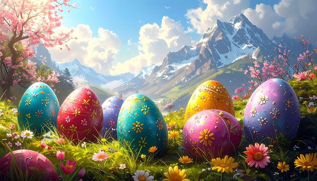 Colorful Easter eggs in mountain landscape.