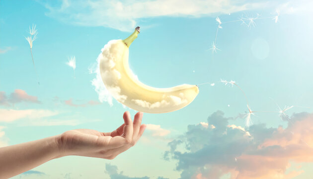 A hand intricately sculpting a smiling banana cloud against a dreamy sky, representing imagination and creative surrealism.