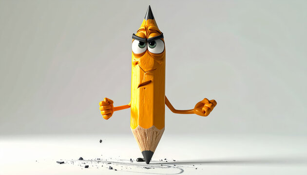 A Determined Anthropomorphic Pencil Character Actively Drawing with Intense Focus and Creative Energy