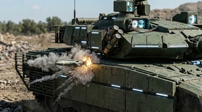 Futuristic main battle tank under attack by an antitank guided missile
