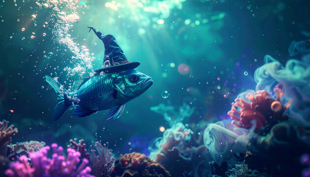 A mystical fish wearing a tiny wizard hat casts magical spells with shimmering bubbles in a vibrant, deep underwater world.