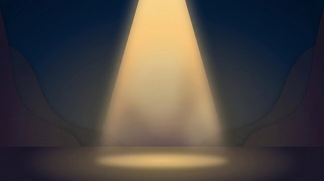 Opened ingredientA single, intense golden spotlight beams down from above, creating a focused pool of light on an empty, dark stage, suitable for product reveals or character introductions in 3D anima