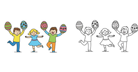 Fototapeta premium Group of Happy Children Celebrating Easter Holiday Holding Large Decorated Eggs. Coloring Page and Color Illustration Set for Kids Activity Book Vector.