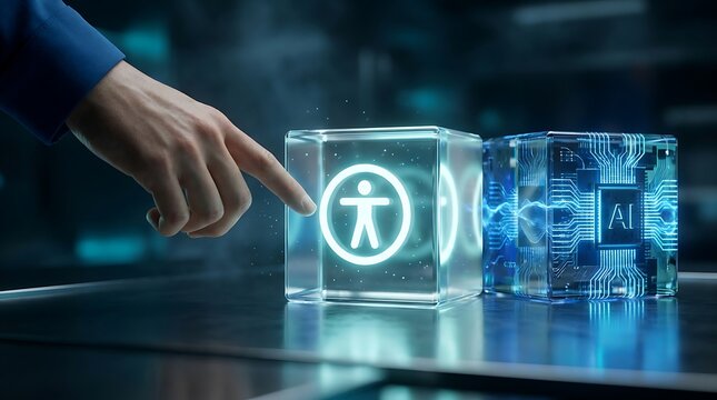 Human interacts with a digital accessibility icon illuminated on a glass cube, next to an AI chip cube with glowing circuits.