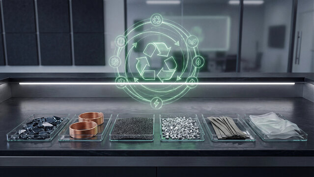Modern industrial laboratory counter with samples of black mass copper coils graphite silicon and rare earth materials beside glowing green holographic recycling loop showcasing circular economy conce