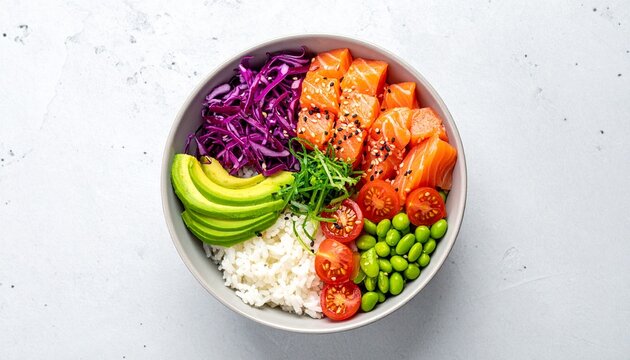 Poke bowl with rice, salmon, avocado, red cabbage, edamame and tomatoes. Healthy food. Diet