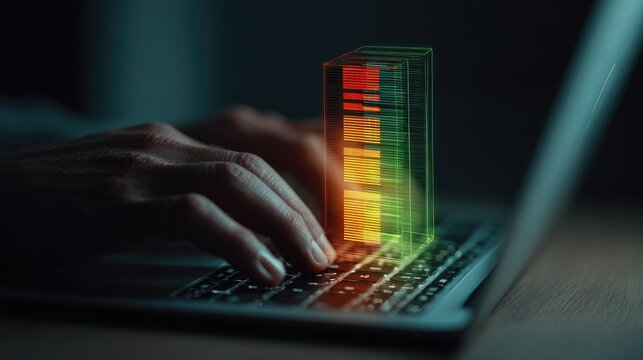 Futuristic data analysis overlaying hands typing on a laptop