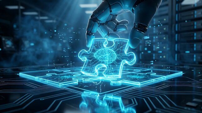 Robot arm places glowing puzzle piece with brain icon onto AI data grid, symbolizing artificial intelligence integration and complex problem solving.