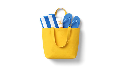 Vibrant yellow beach bag with blue flip flops and striped towel, summer vacation tote bag packed with holiday essentials, canvas shopping bag for tropical travel on white background © Faheem
