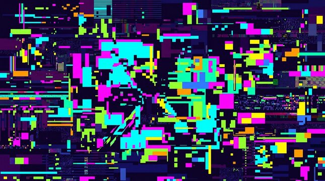 A digital 2D illustration featuring a chaotic abstract glitch pattern with distorted pixelated rectangles and sharp geometric fragments. The color scheme features high-contrast neon shades of magenta,