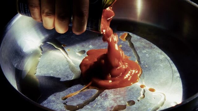 Pouring Canned Chopped Tomatoes Into Hot Frying Pan With Oil. Preparing Base For Italian Pasta. Dinner Ingredients 