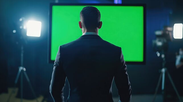 Businessman facing green screen in professional studio setting w