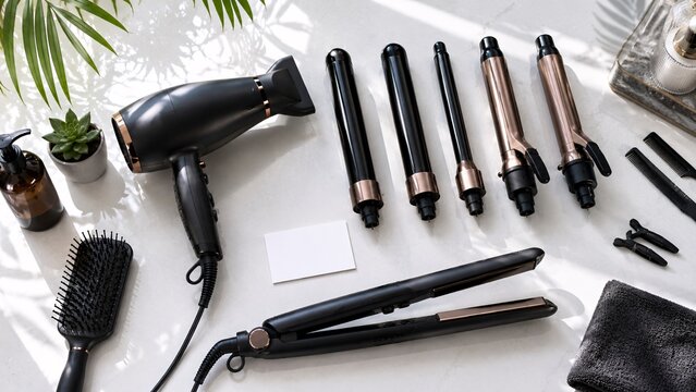 Flat lay mockup of professional hair styling tools including dryer, curler and straightener with a blank white card
