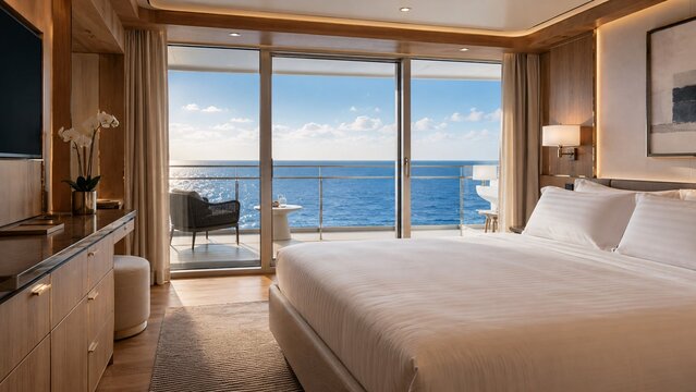 Luxury hotel room suite or cruise cabin interior with sliding glass doors opening to a beautiful ocean view