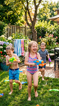 Ni&ntilde;os jugando con pistolas de agua en un d&iacute;a caluroso de verano lleno de diversi&oacute;n.