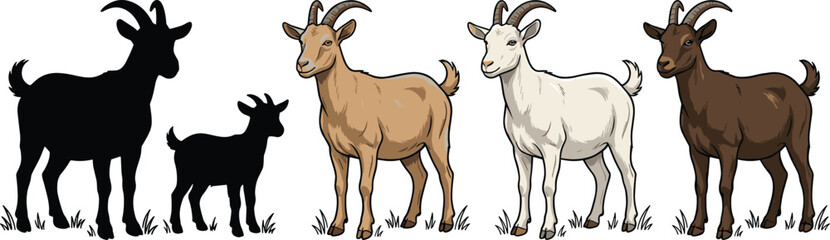 Fototapeta premium Realistic Goat Illustration Set with Silhouettes and Colored Mountain Goats for Farm, Nature, Wildlife, Education, and Digital Designs