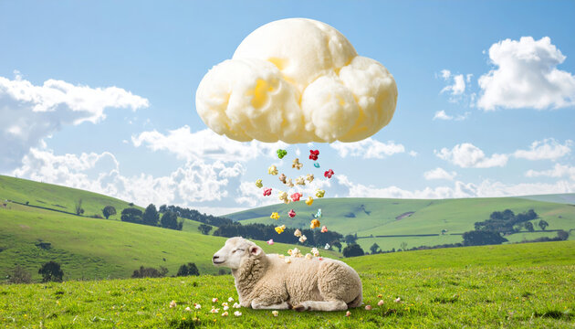 A fluffy sheep peacefully rests in a green field as a cloud shaped like popcorn rains colorful treats from the blue sky.