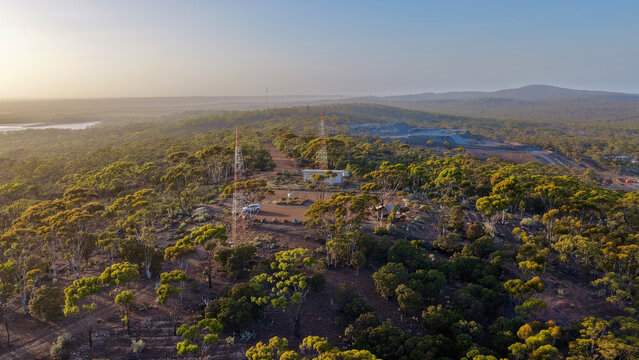 Beacon Lookout, Norseman, Western Australia &ndash; 4K Aerial Drone Footage of Outback Forest, Remote Wilderness, Communication Towers and Golden Sunset Sky near Dundas