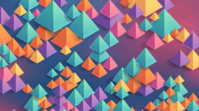 A vibrant 2D digital texture featuring a repeating geometric pattern of sharp low poly triangles and pyramids. The crystalline field displays a chaotic mix of highly saturated rainbow colors.