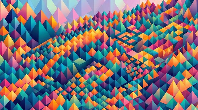A vibrant 2D digital texture featuring a repeating geometric pattern of sharp low poly triangles and pyramids. The crystalline field displays a chaotic mix of highly saturated rainbow colors.