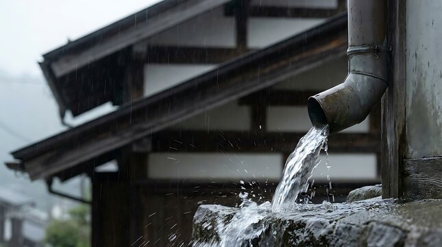 Water flowing from traditional downspout of historic building into stone basin on rainy day with downspout traditional building architecture japanese historic drainage exterior environment