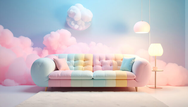 A pastel rainbow upholstered sofa with fluffy cloud decor and soft ambient lighting creates a dreamy, whimsical living space.