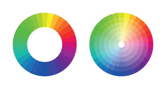 Modern circular color spectrum charts with gradient transitions, vibrant rainbow shades and radial segments for artistic education, digital painting, interface design and creative visualization tools