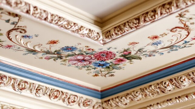 Ornate ceiling molding features detailed floral painting and sculpted trim