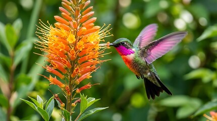 Obraz premium Tiny hummingbird with pink wings sips nectar from vibrant orange flower image