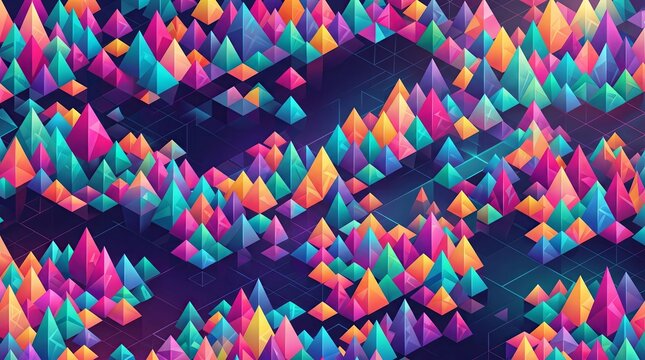 A vibrant 2D digital texture featuring a repeating geometric pattern of sharp low poly triangles and pyramids. The crystalline field displays a chaotic mix of highly saturated rainbow colors.