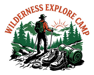 Fototapeta premium Wilderness explore camp design. Mountain hiker vintage artwork. Outdoor adventure for tshirt. Forest camping graphic print. Nature trail poster.