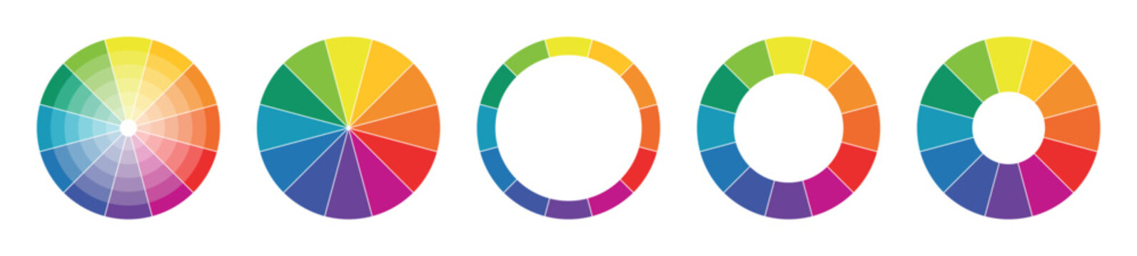 Collection of colorful wheel variations with gradient rings, donut charts and segmented rainbow circles for creative branding, education graphics, infographic templates and modern abstract design