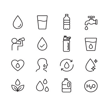 Water, hydration, line icons set. minimal vector illustrations. Simple outline signs. 48x48 Pixel Perfect.