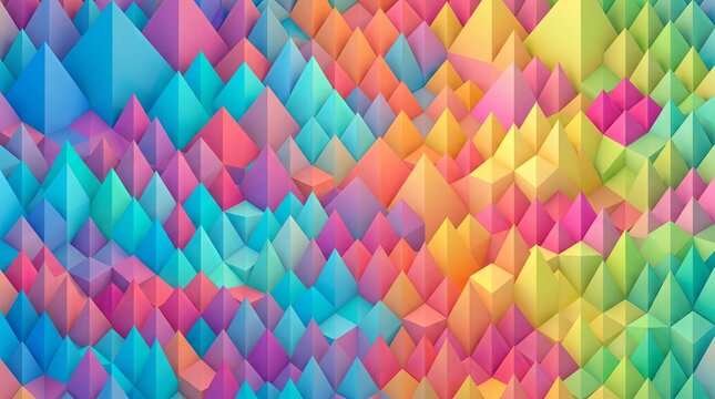 A vibrant 2D digital texture featuring a repeating geometric pattern of sharp low poly triangles and pyramids. The crystalline field displays a chaotic mix of highly saturated rainbow colors.