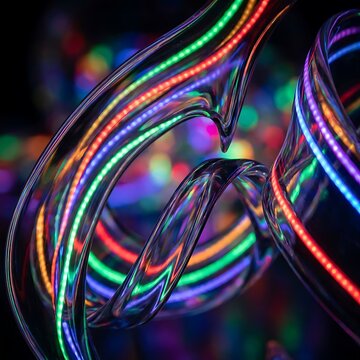 Colorful led light strips on a twisted transparent tube structure creating an abstract glowing background with colorful abstract technology background electric refractive transparent spectrum