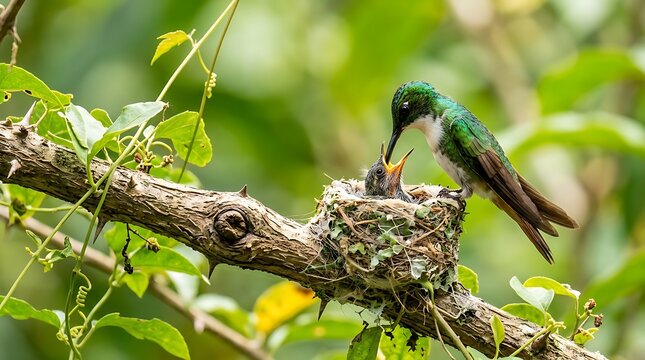 Hummingbird feeding chick in nest on thorny branch image