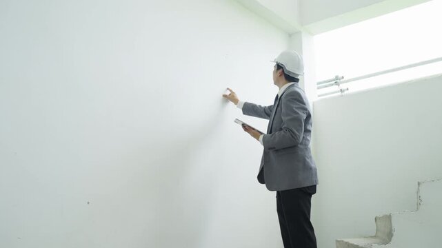 Man suit with hard hat inspecting wall bright empty room, man hard hat using clipboard and tablet unfinished building interior, man hard hat inspecting white wall bright interior room