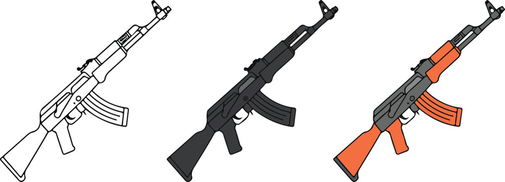 Minimalist vector illustration of three AK-47 assault rifles in sketch, black and orange isolated weapon design