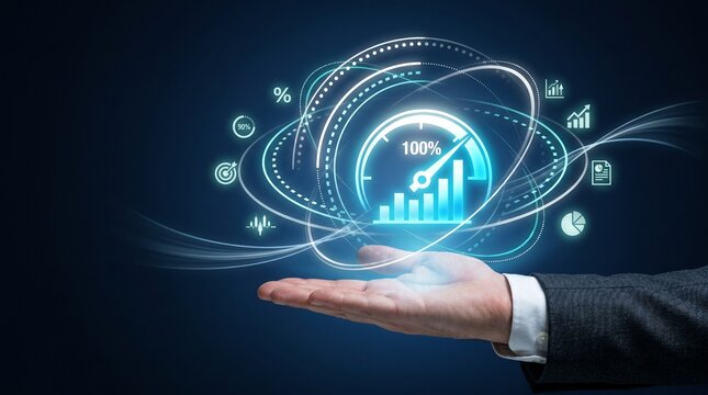 Businessman hand holding a digital holographic interface with a speedometer gauge showing 100 percent performance and business growth charts