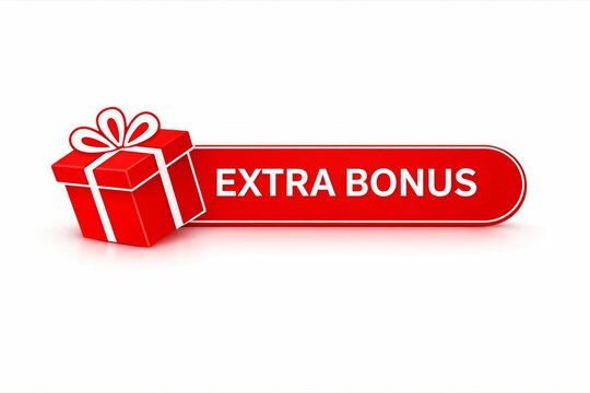 Red gift box with extra bonus banner and ribbon