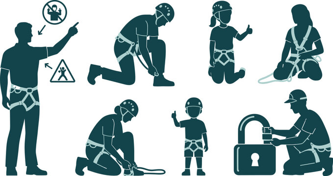 Vector illustration set of climbing safety instructions silhouettes featuring people putting on climbing harnesses wearing helmets checking ropes and locking carabiners isolated on white background.