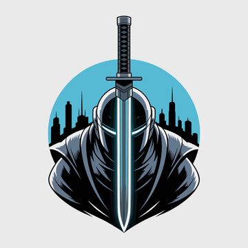 Illustration of a hooded figure sword.