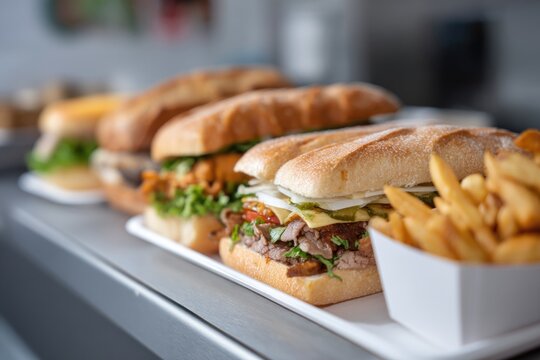 Delicious subs lined up with crispy fries, showcasing vibrant in