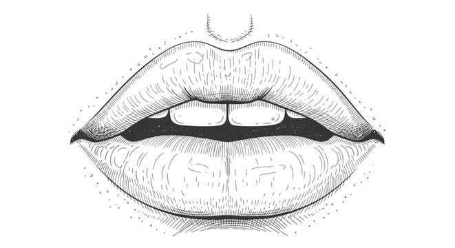black and white illustration of woman's lips biting down on a mouthguard sports protective gear