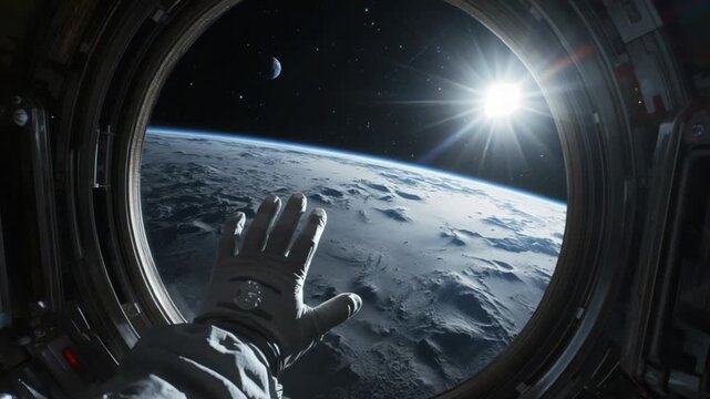 View of planet Earth and sun from inside a spacecraft window with astronaut hand
