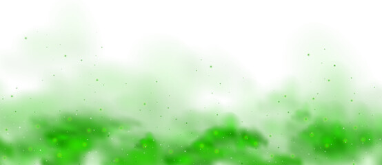 Green smell cloud with magic sparkle and gas background. Glow and smelly haze with glitter for spooky chemical overlay. Nebula realistic steam bottom flow. Dirty chemistry paint fog transparent © Mariia
