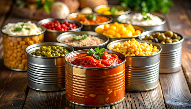 Collection of assorted canned goods including tomatoes, corn, peas, olives, and beans, arranged on a rustic wooden table, showcasing pantry staples and food preservation