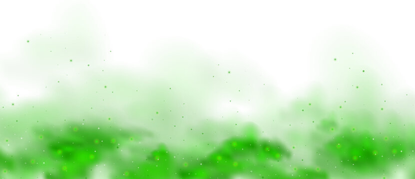 Green smell cloud with magic sparkle and gas background. Glow and smelly haze with glitter for spooky chemical overlay. Nebula realistic steam bottom flow. Dirty chemistry paint fog transparent