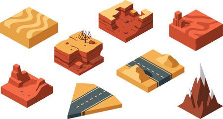 Vector isometric desert landscape tiles set with sand dunes canyons red rocks highway road segments and mountains isolated on white background for game design development. © Suchana