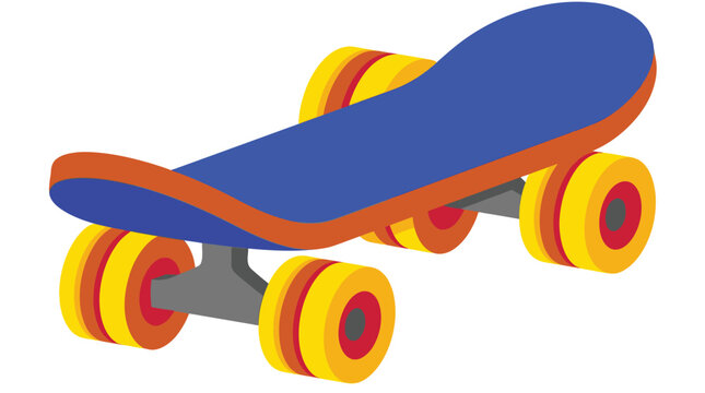 3d colorful skateboard icon with curved deck vibrant yellow and red wheels gray trucks and a sleek blue surface set against a plain white background emphasizing modern playful and dynamic
